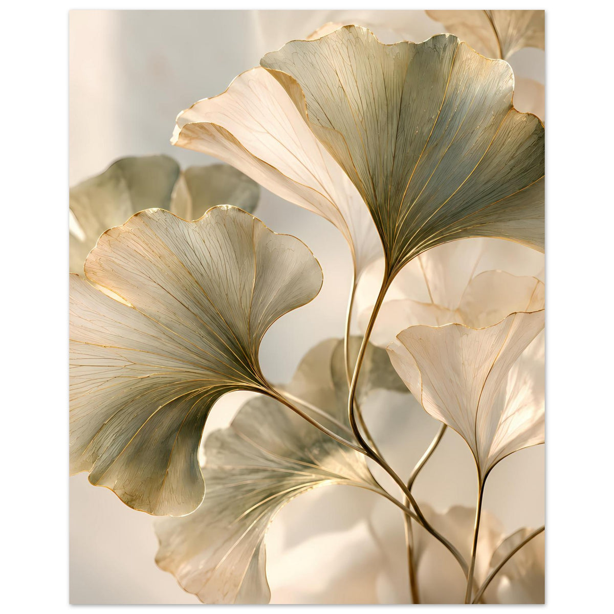 Botanisches Blätterposter, Nahansicht: cremefarbene Blätter mit goldenen Konturen und Adern