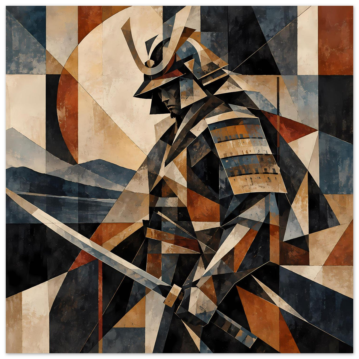 Poster mit geometrischem Samurai-Krieger in Erdtönen und Blau, dynamische Winkel und Schwertlinie
