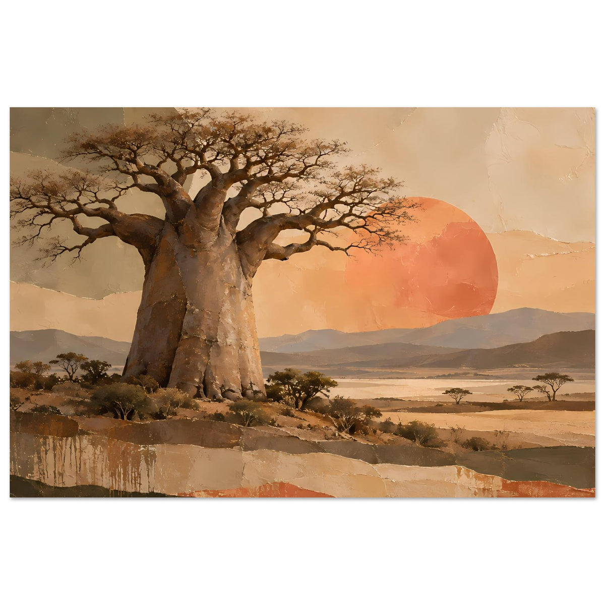Naturposter: Baobab-Baum links, orangefarbener Sonnenkreis, weite Landschaft