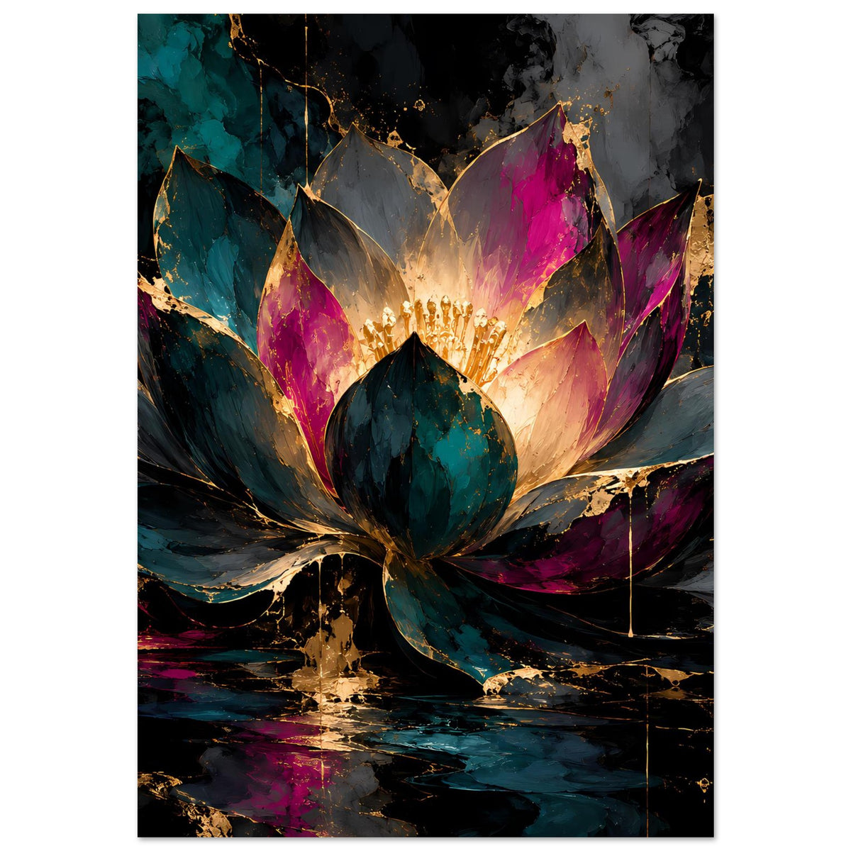 Poster mit leuchtender Lotusblüte, türkisgrünen Blättern und pink-goldenen Lichtern