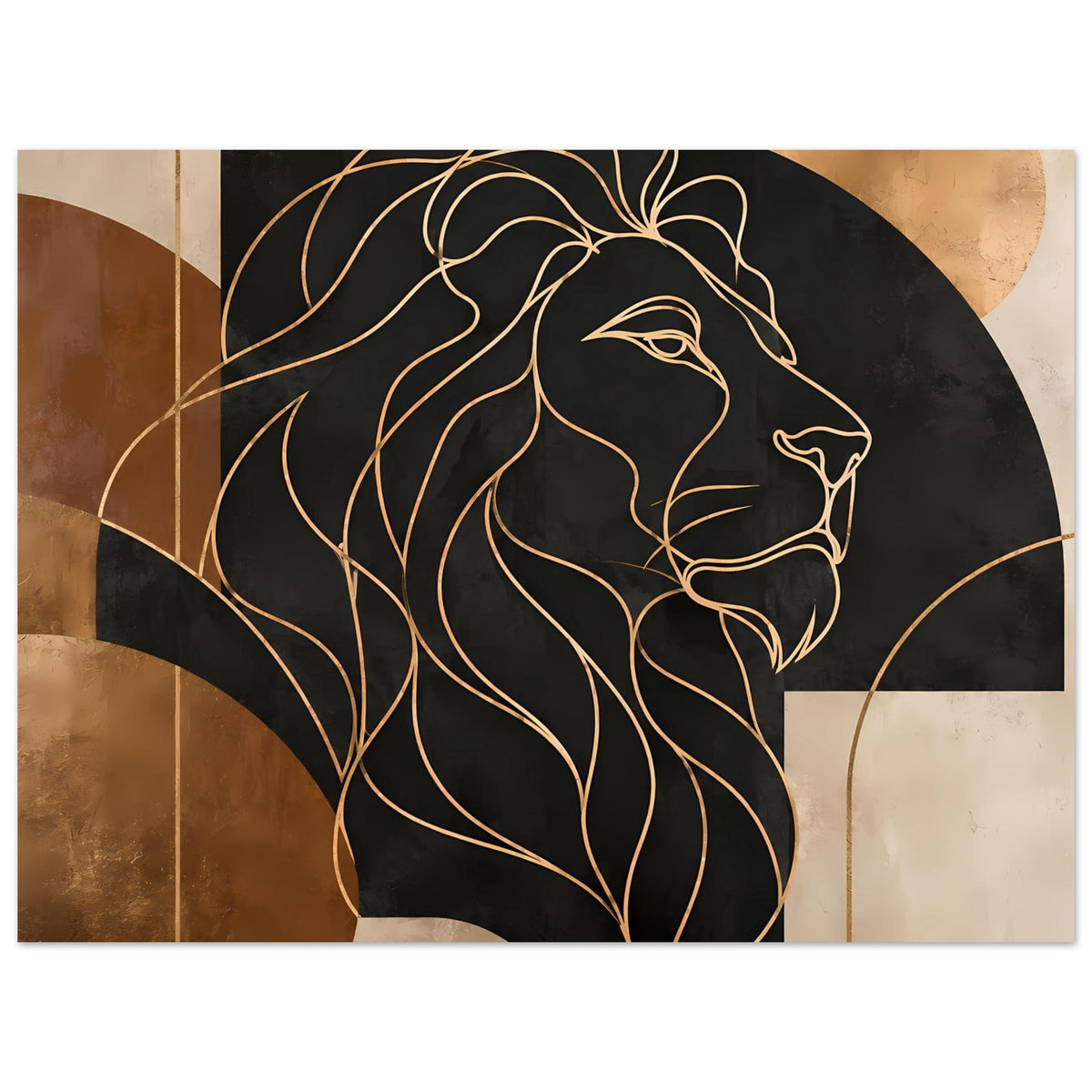 Poster im Querformat-ähnlichem Zuschnitt: Löwenlinie in Gold-Bronze mit geometrischen Blöcken