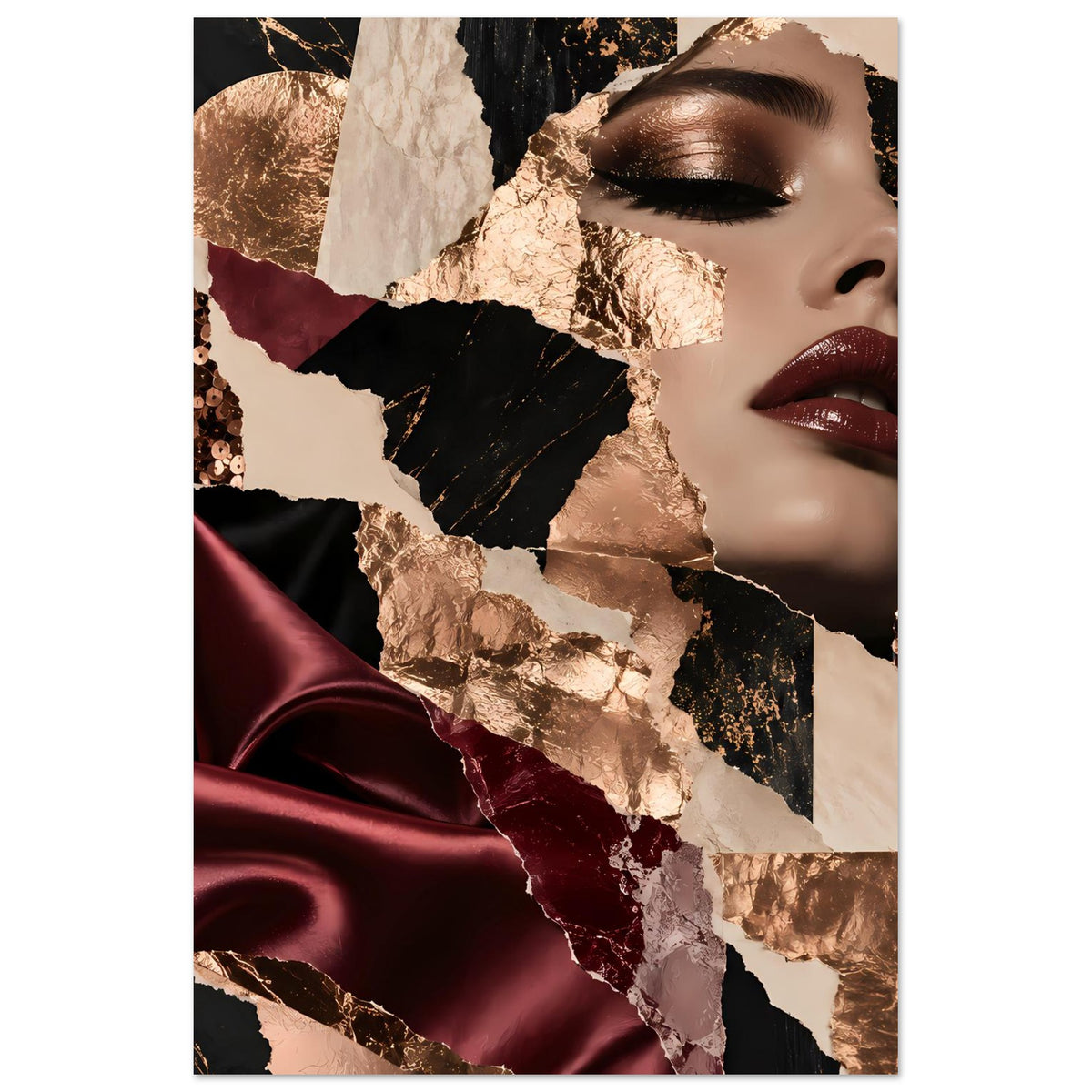 Poster mit Frauenprofil im Hochformat: bordeauxroter Satin, Gold- und Schwarzflächen, Lippen