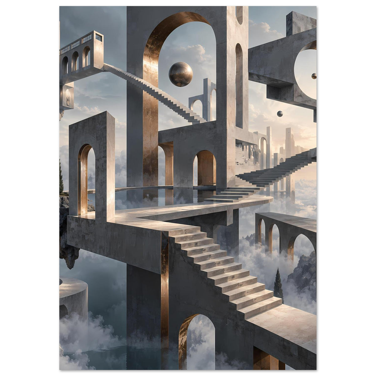 Architekturposter im Detail: monumentale Treppen, Säulenbögen und goldfarbene Rundtore