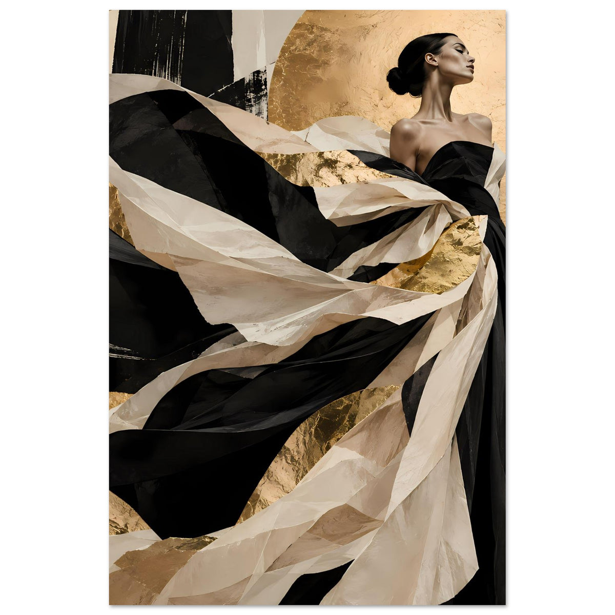 Wandposter im Hochformat: Porträt einer Frau im schwarzen Kleid, Gold-Highlights