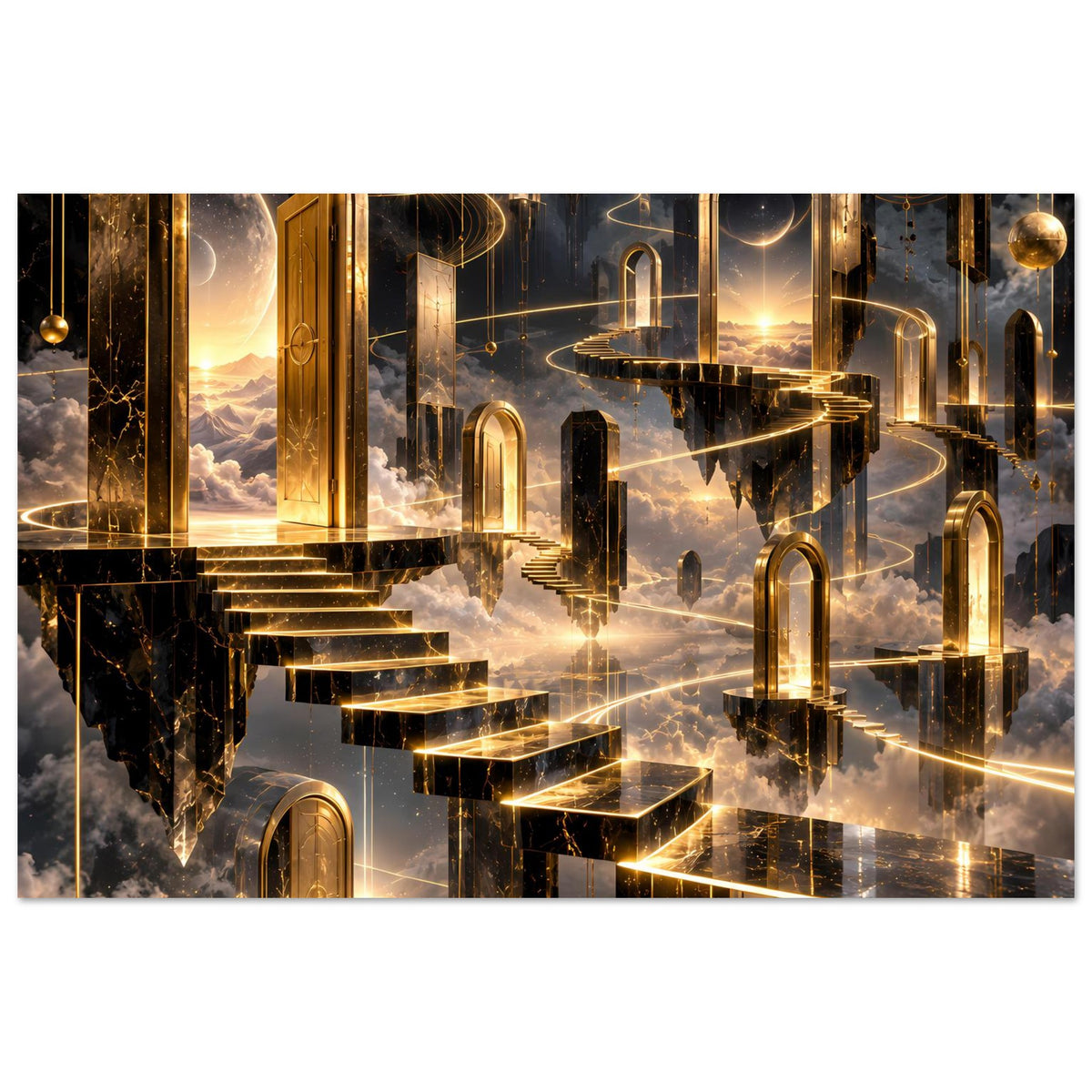 Premium-Poster (Querformat) mit goldener Treppe, Bögen, Säulen und glühenden Kanten