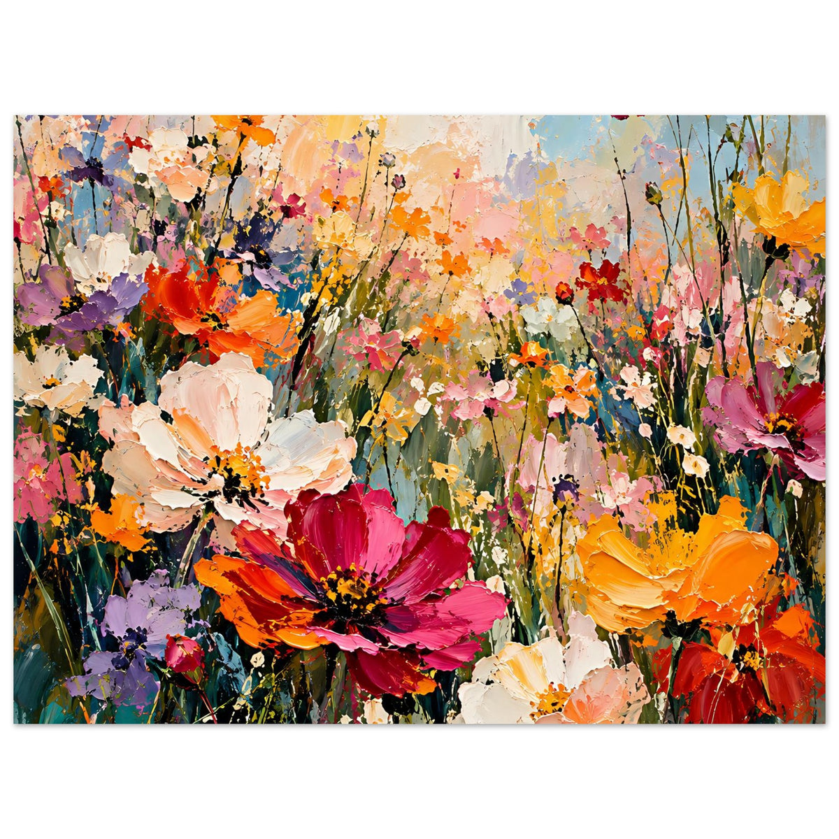 Blumenposter mit satten Farben, großen Blüten in Pink und orangefarbenen Blüten im Vordergrund