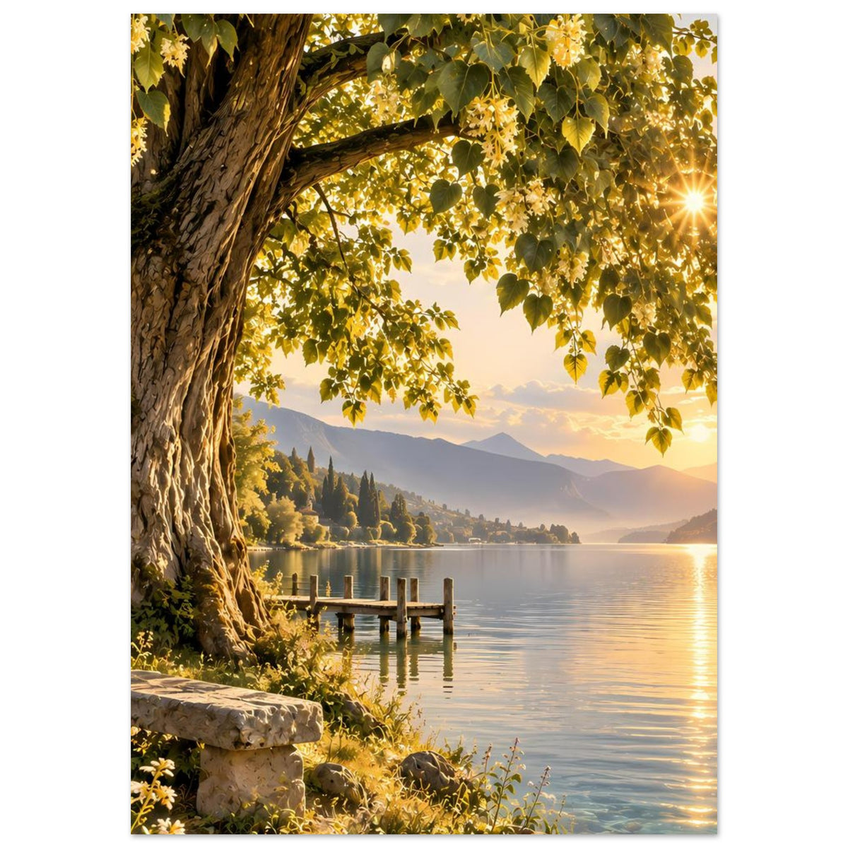 Landschaftsposter mit Baum, Holzsteg und sanftem Wasser im goldenen Abendlicht