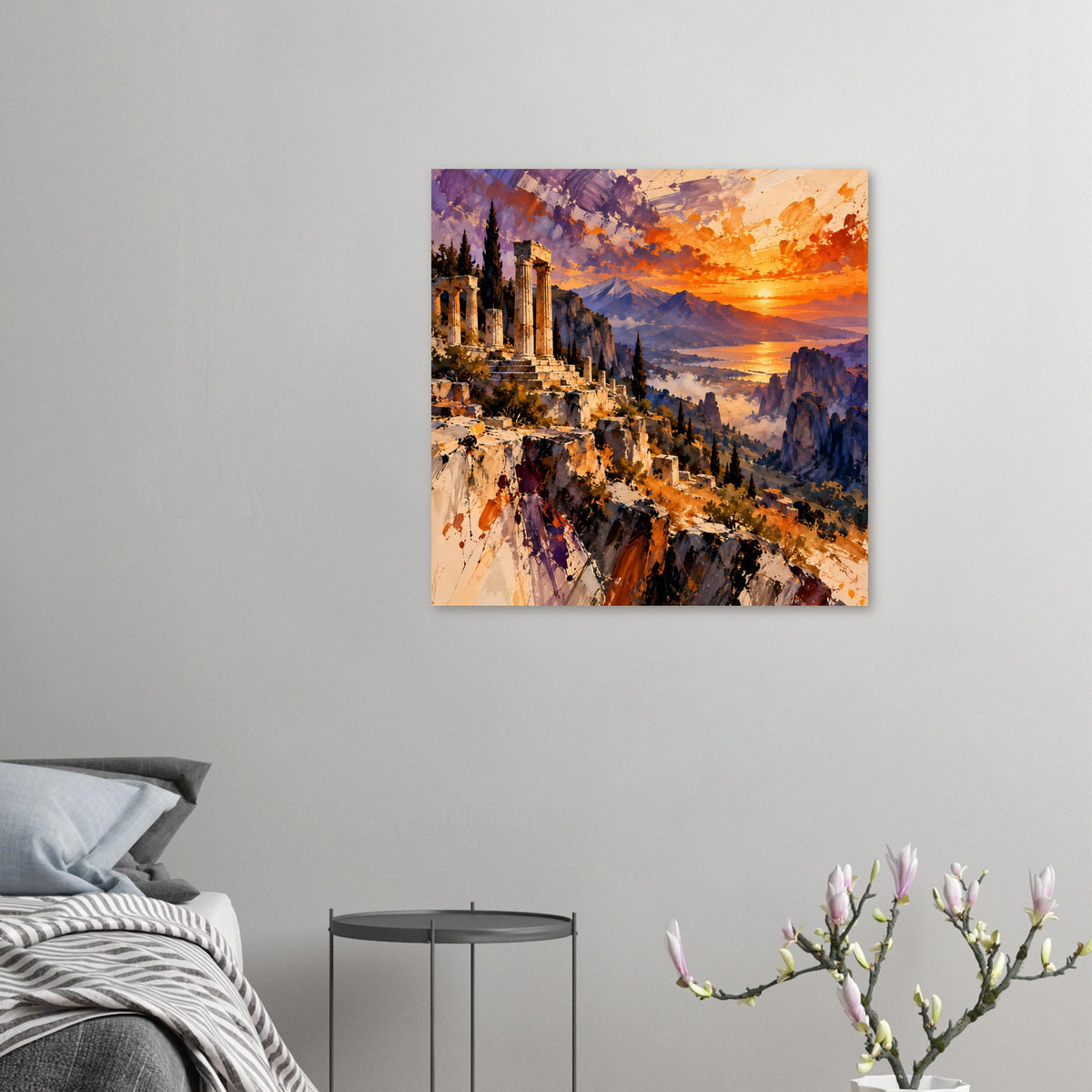 Premium-Mattposter mit antiken Ruinen und Sonnenuntergang, kleines Wandformat, warmes Orange und Blau