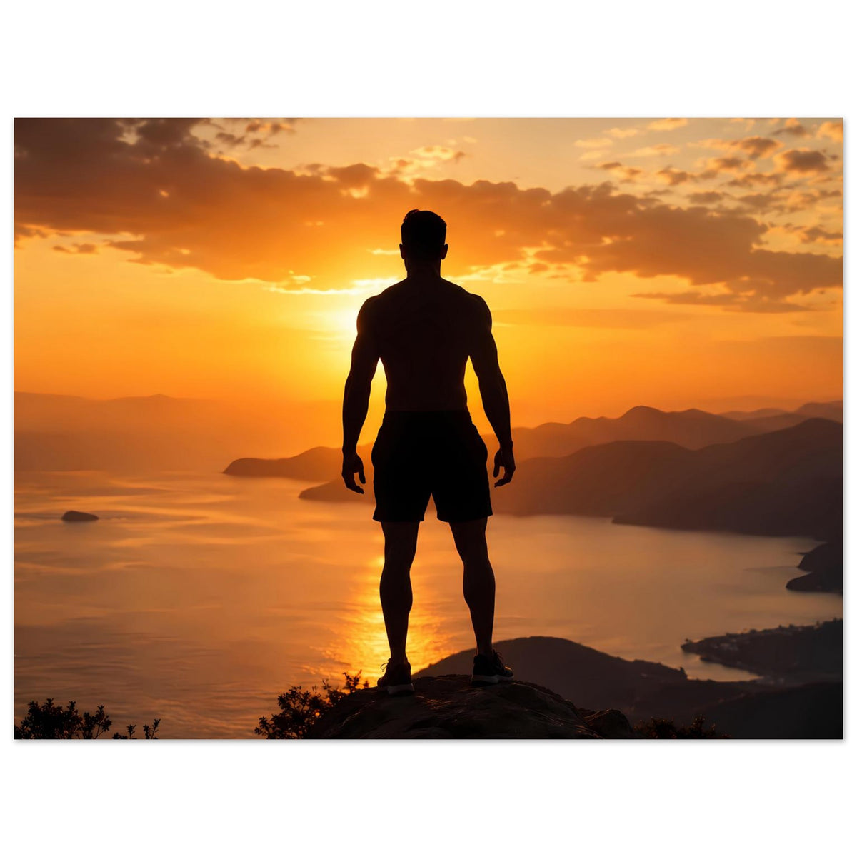 Sonnenuntergangs-Silhouettenposter, Mannsilhouette in der Mitte vor Sonnenuntergangsfarbe
