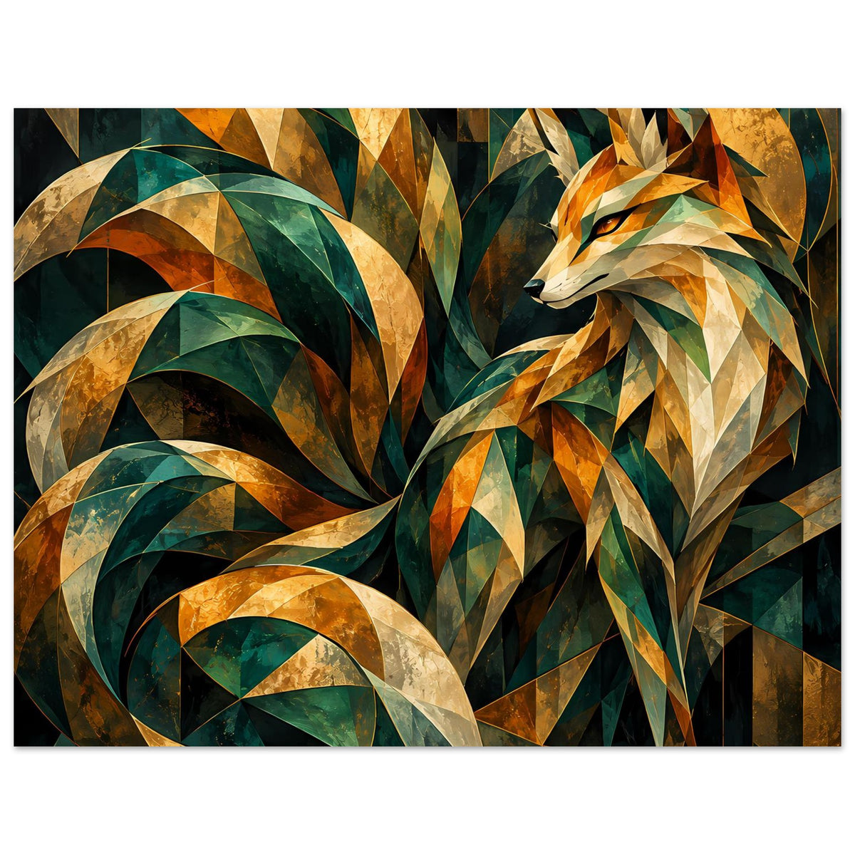 Kunstposter, großes Motiv: Fuchs mit Prisma-Optik in Gold, Smaragdgrün und Creme vor dunkel.