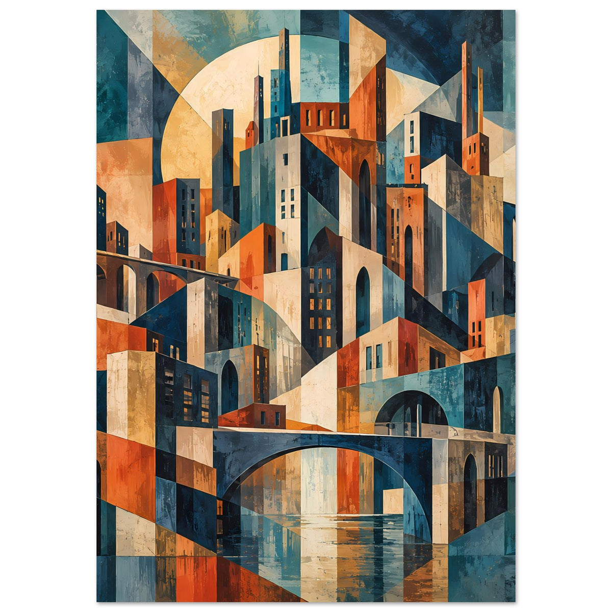 Geometrisches Stadtpanorama-Poster mit Brücke, Hochhäusern und warmen Blau-Orange-Tönen