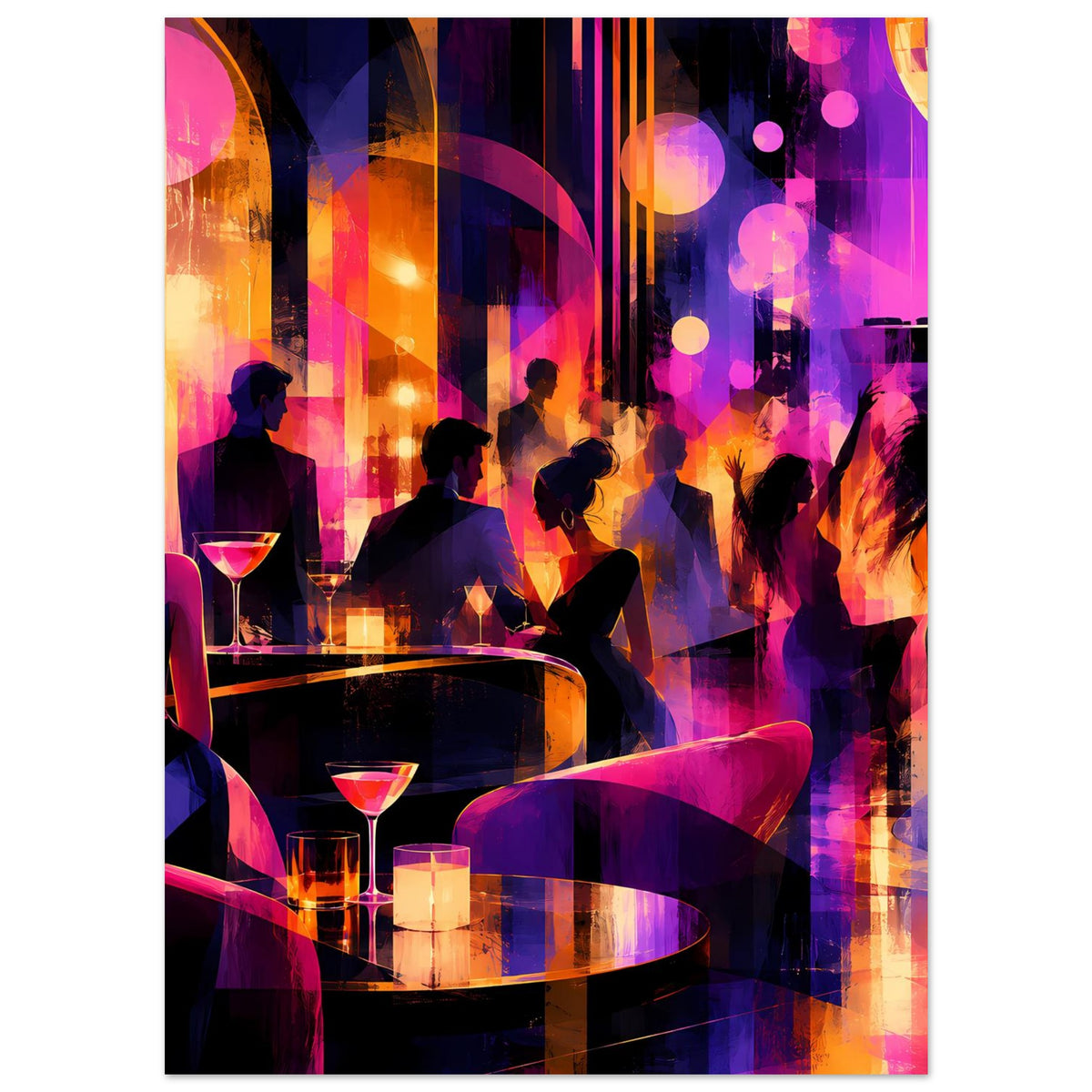Poster im Hochformat: Silhouetten in einer Nachtbar, Gläser auf runden Tischen, Neonfarben