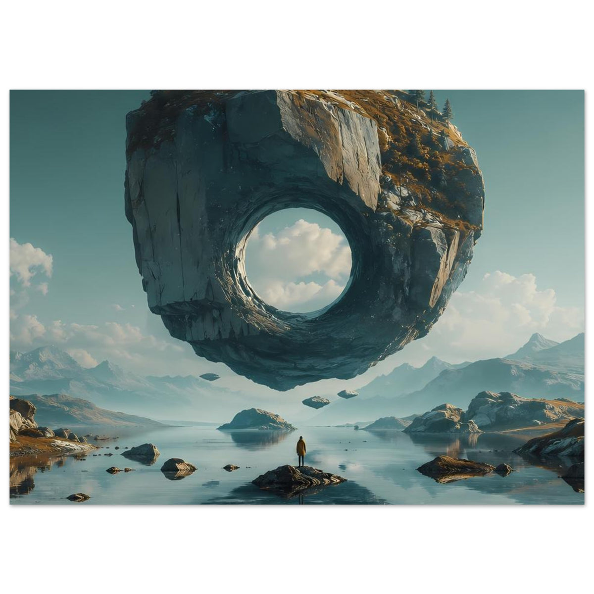 Surreales Poster: schwebender Felsring mit rundem Loch über See, Felsinseln und Person
