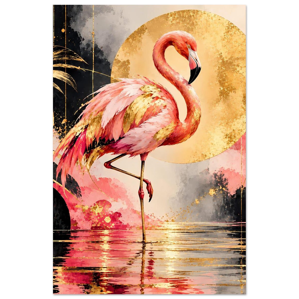 Luxus-Tierposter (Hochformat) mit pinkem Flamingo, goldener Sonne und Wasserreflexion