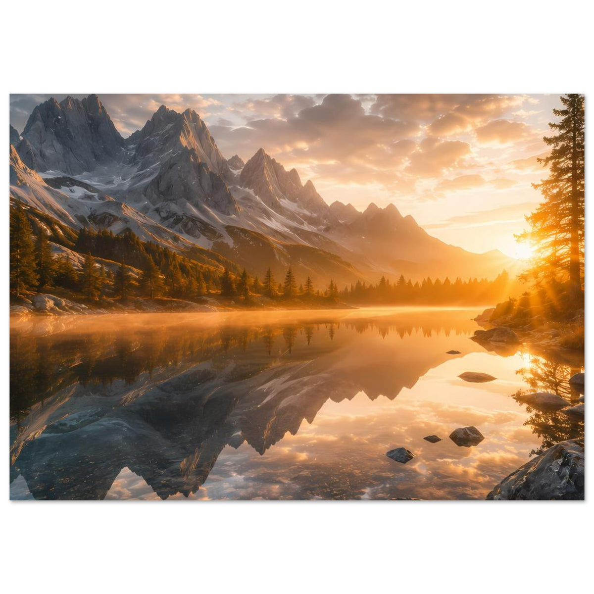 Querformat-Landschaftsposter mit Bergmassiv, See mit Reflexion und goldenem Licht