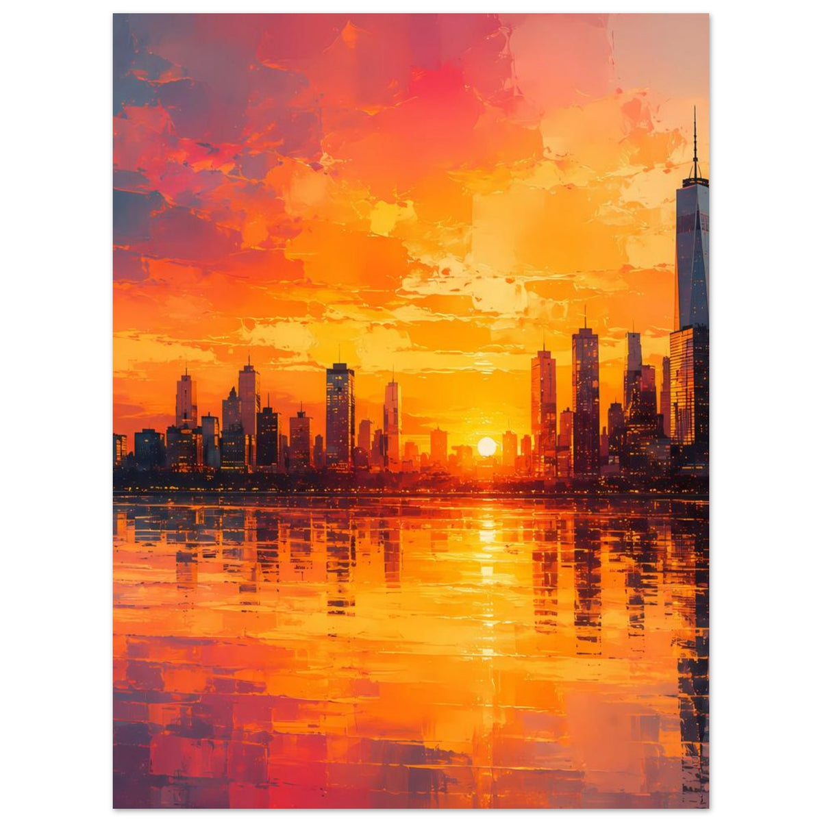Hochkant-Poster mit leuchtendem Sonnenuntergang, Stadtgebäuden und Wasserreflexen