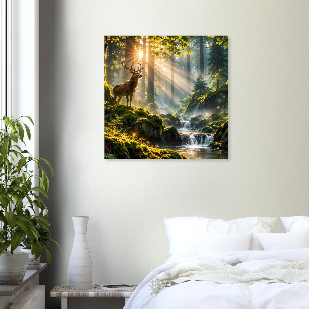 Quadratisches Poster mit Hirsch im Morgenwald, leuchtende Sonnenstrahlen über Bach