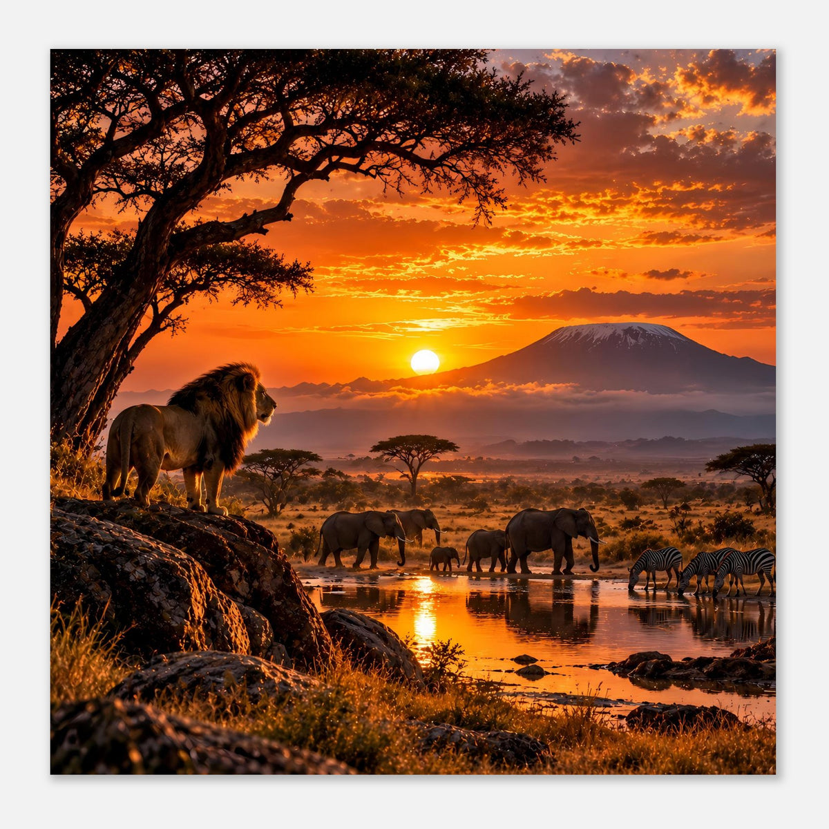 Safari-Poster im Querformat: Löwe links, Elefanten und Zebras am Fluss, Sonne tief am Horizont