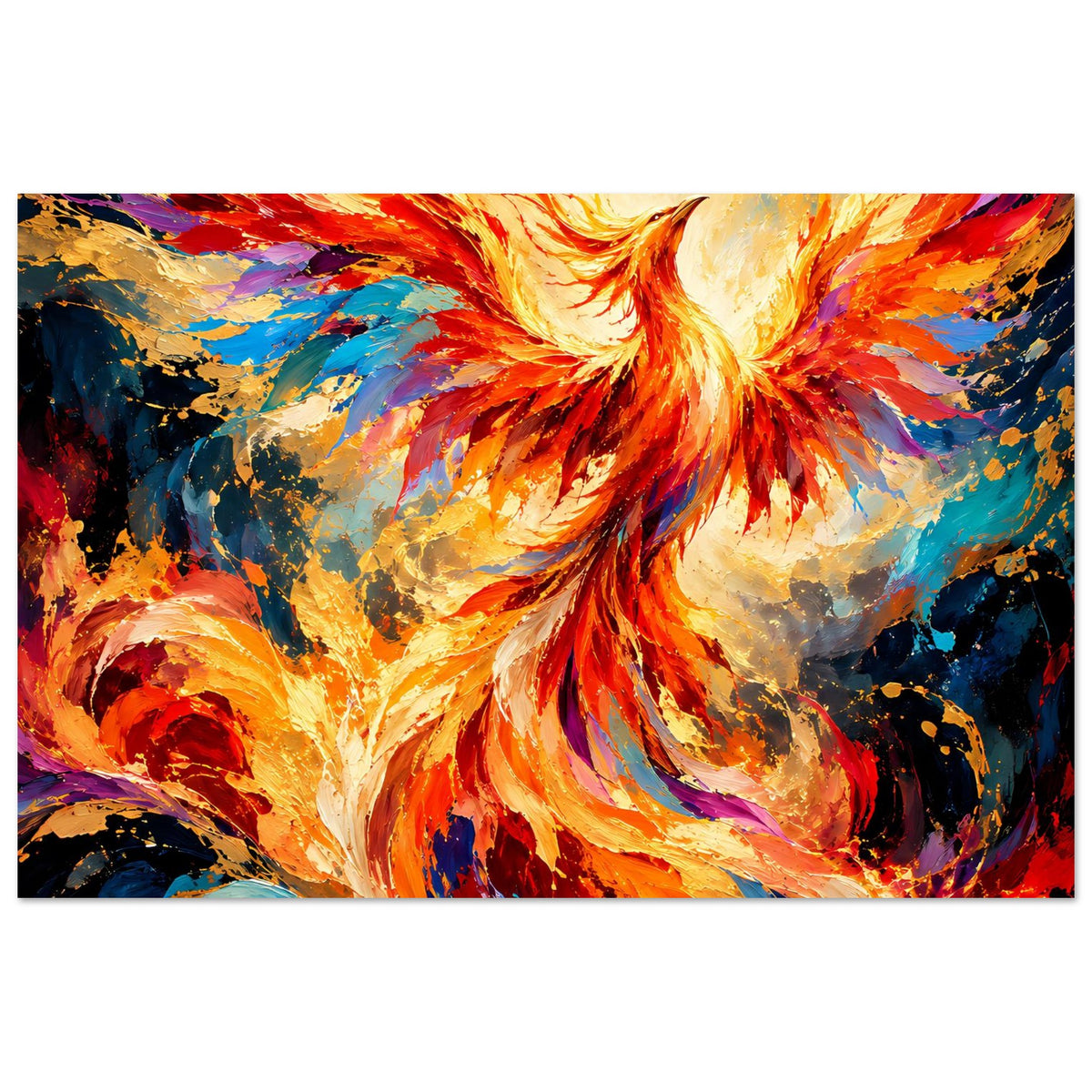 Horizontales Poster mit leuchtendem Phönix-Porträt, orangefarbene Flammenfedern, schwarze Umrandung.