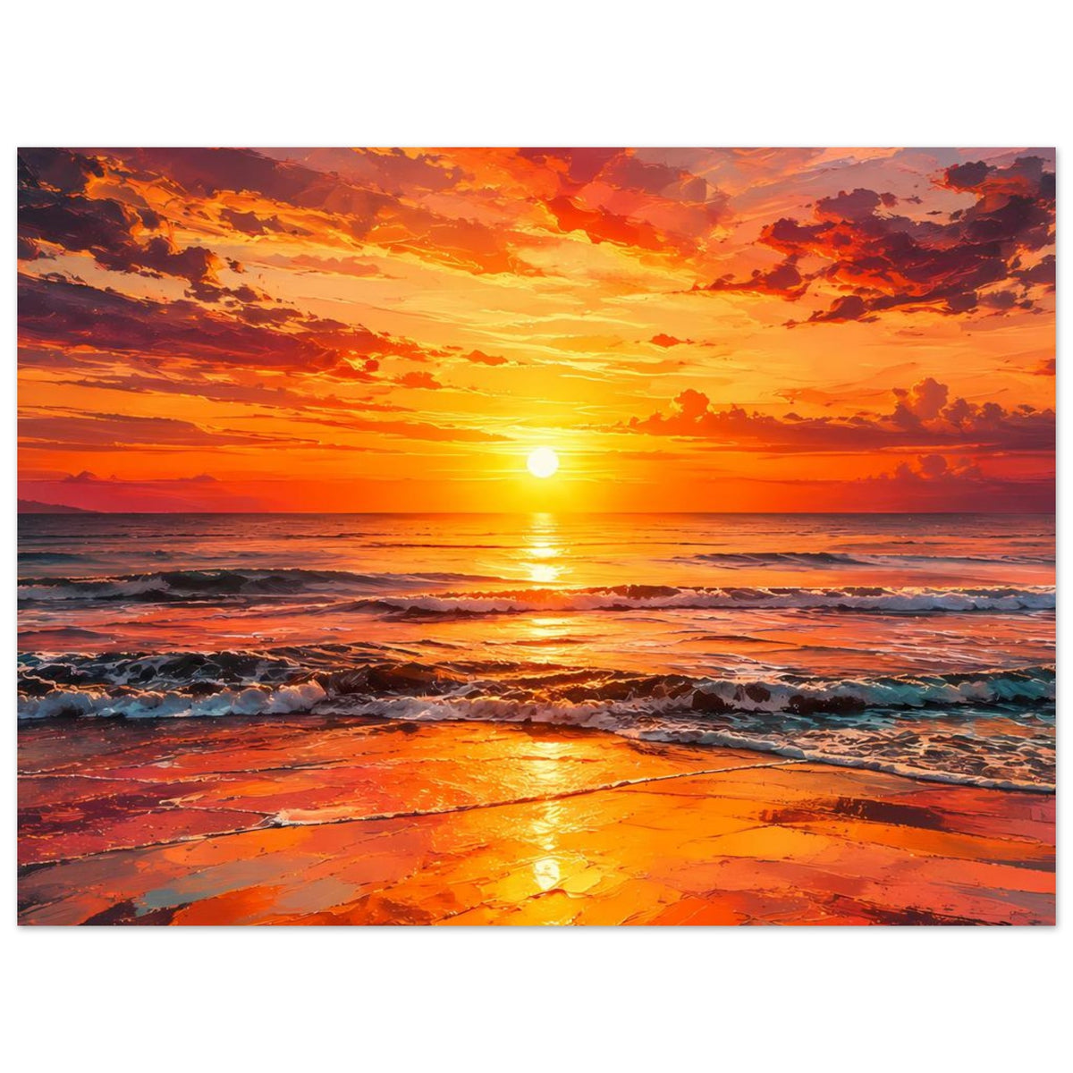 Rechteckiges Poster mit orangefarbenem Himmel über dem Meer und reflektierendem Strand