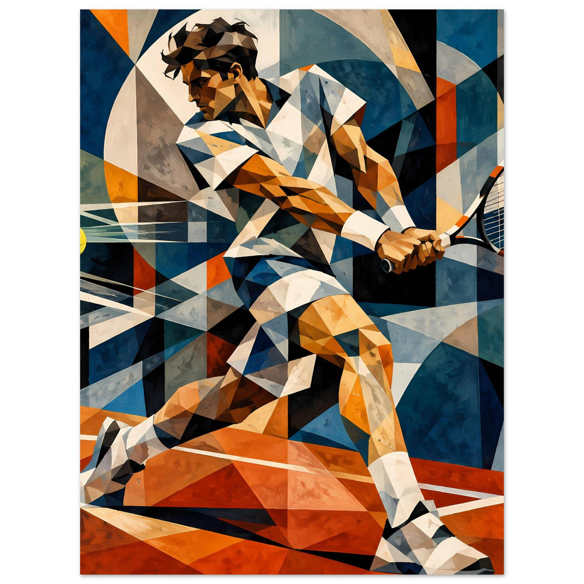 Tennis-Kunstposter: Low-Poly-Spieler mit Schläger, dynamische Dreiecke und Farbflächen