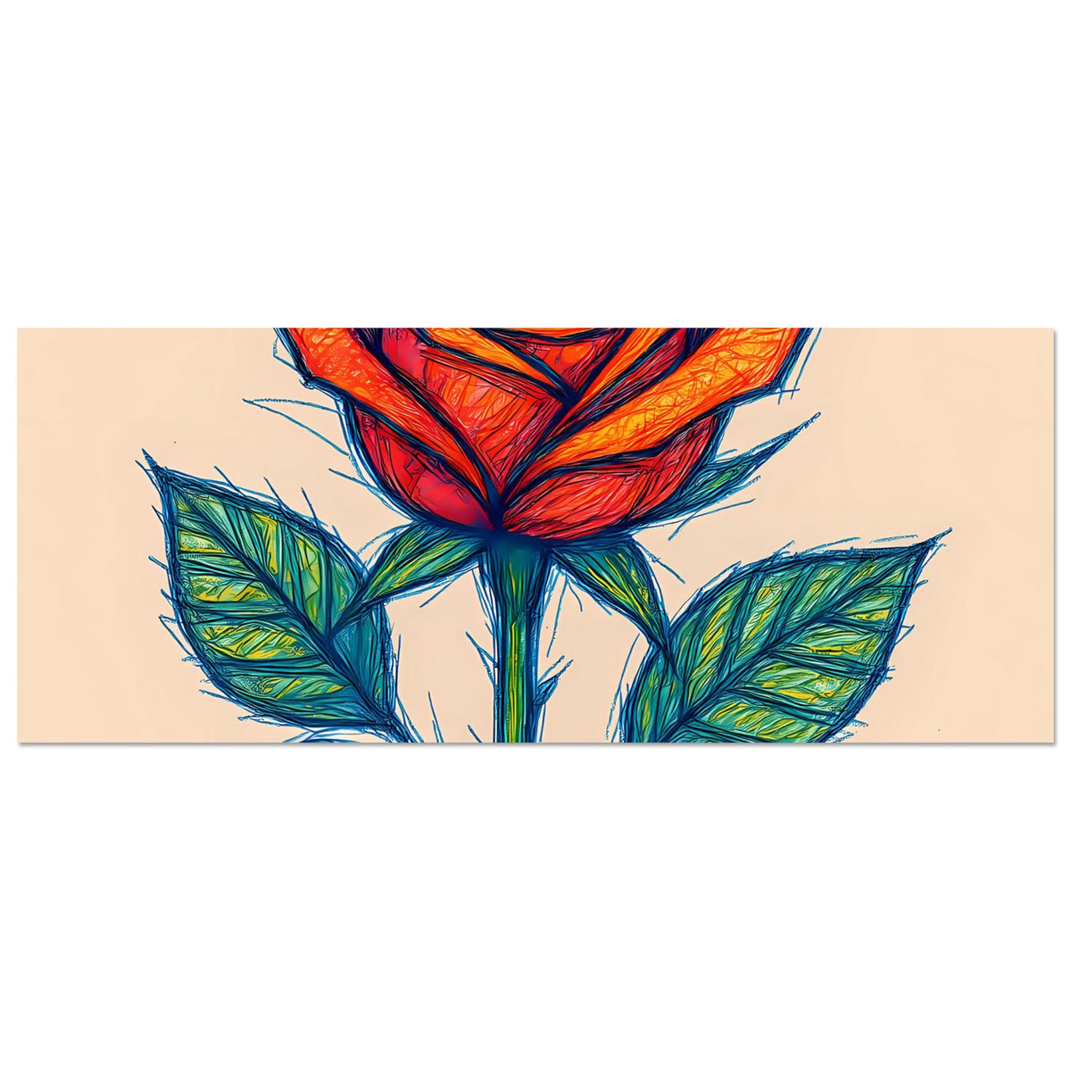 Horizontales Poster mit angeschnittener Rosen-Skizze: rote Blüte, grüne Blätter.