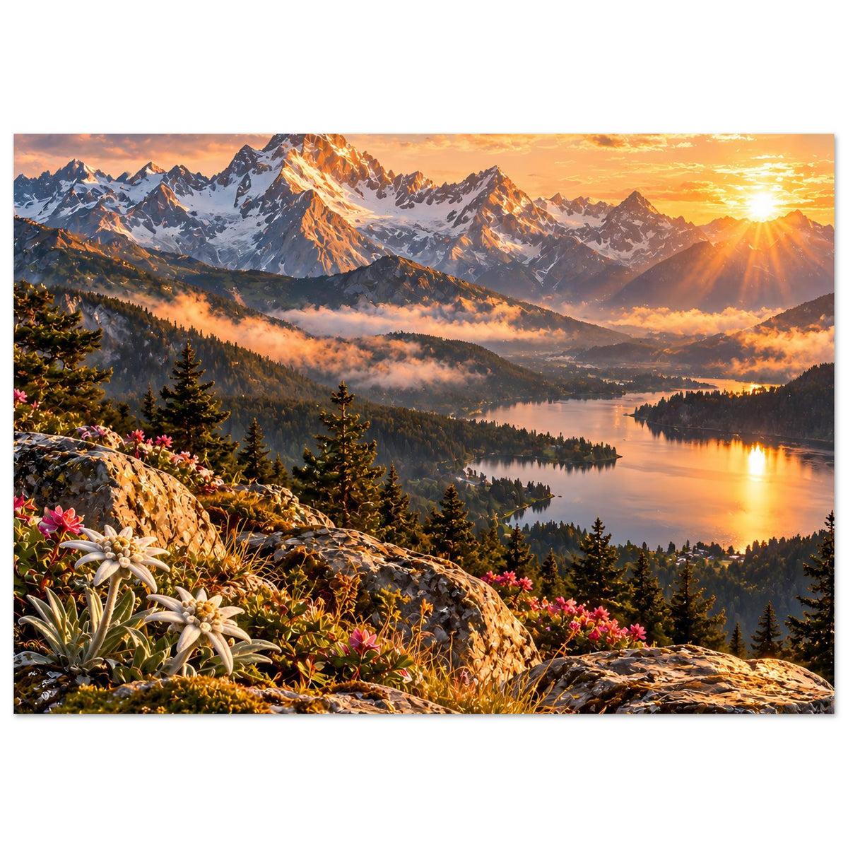 Querformat-Poster: Berge und See bei Abendsonne, im Vordergrund Felsen mit bunten Blumen