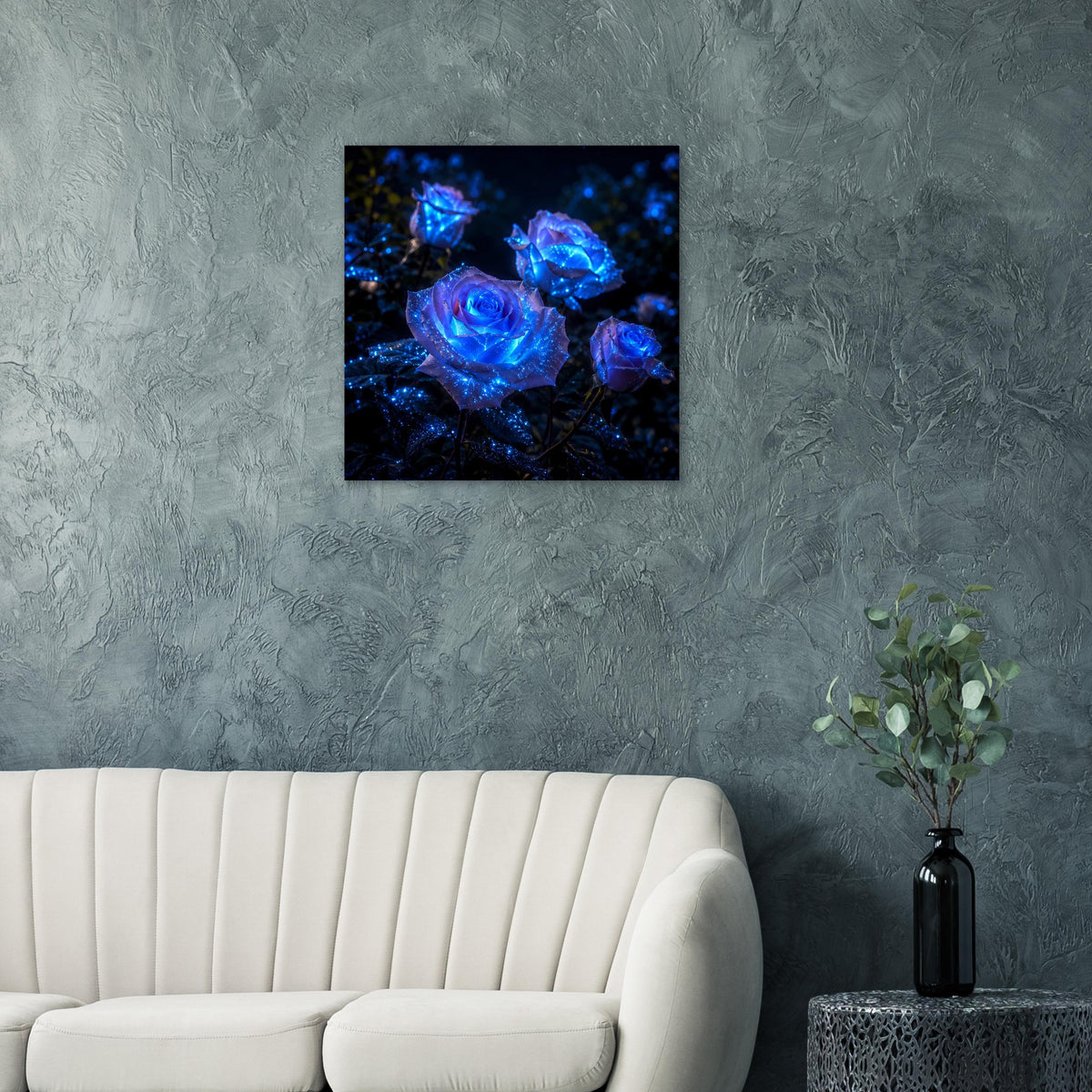 Poster mit leuchtenden blauen Rosen, schwarze Einfassung