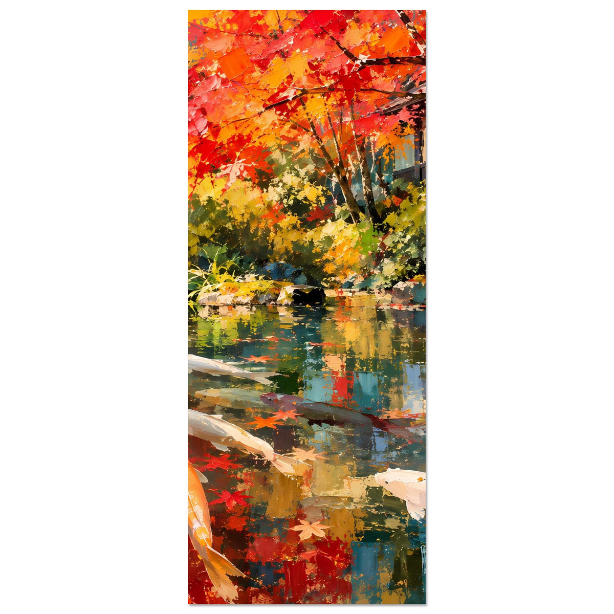 Koi-Teich Poster (Hochformat) mit Herbstbäumen, Teichspiegel und Koi nahe der Oberfläche
