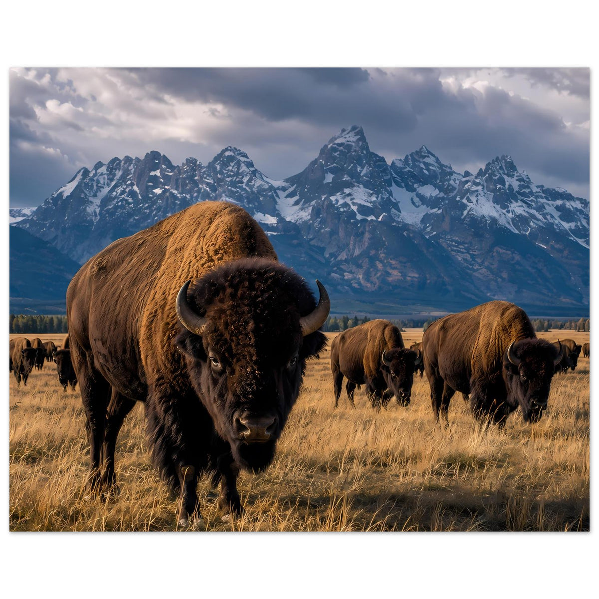 Bisonherden-Poster: Vordergrundbison mit weitem Blick auf Weide und Berge im Hintergrund