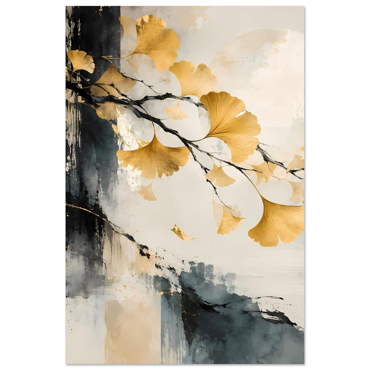 Kunst-Poster (Hochformat) mit goldenen Ginkgo-Blättern, schwarzen Linien und abstraktem Farbfleck
