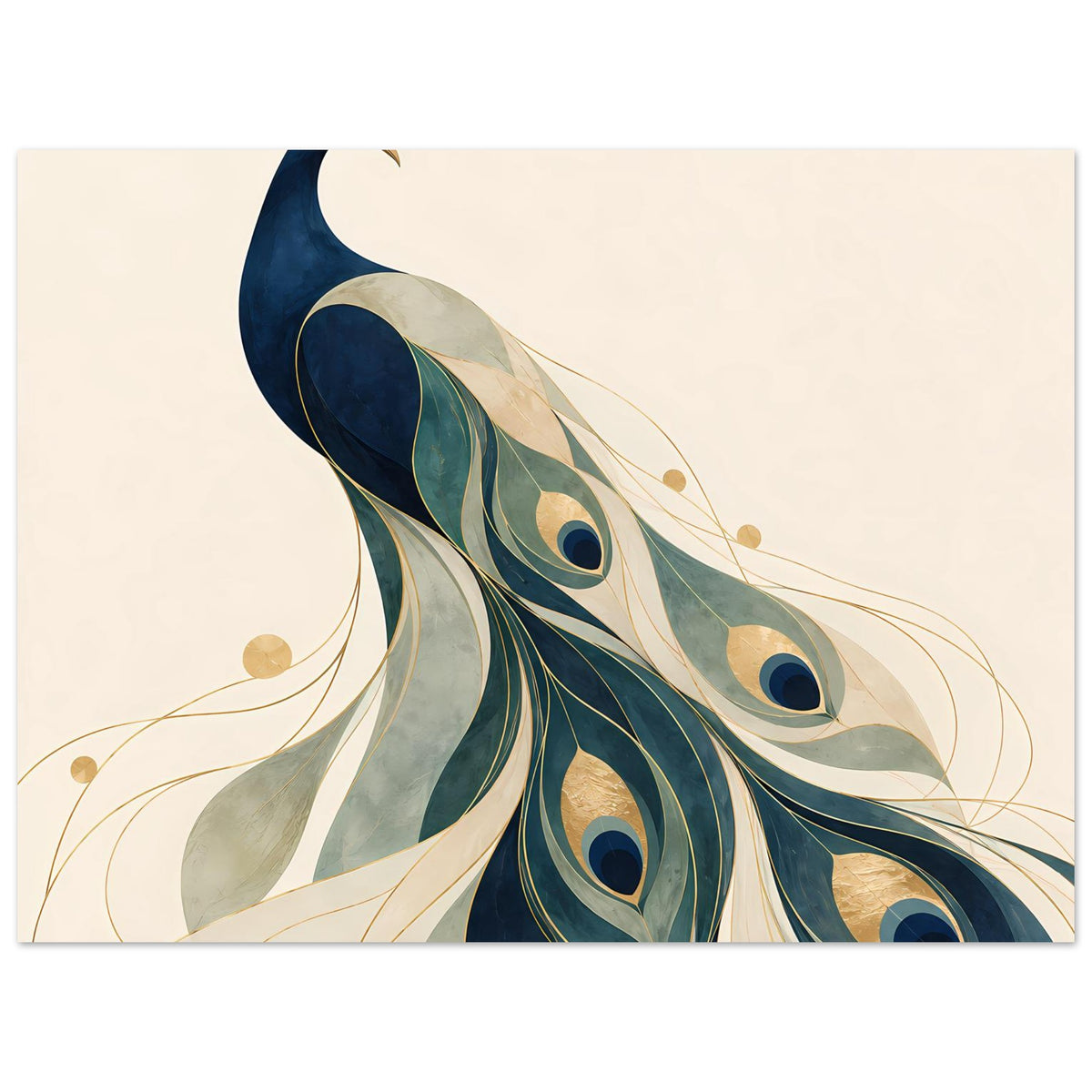 Porträt-Poster mit Pfau und mehreren Augenmotiven in Blau-, Grün- und Goldtönen, nach rechts geneigt