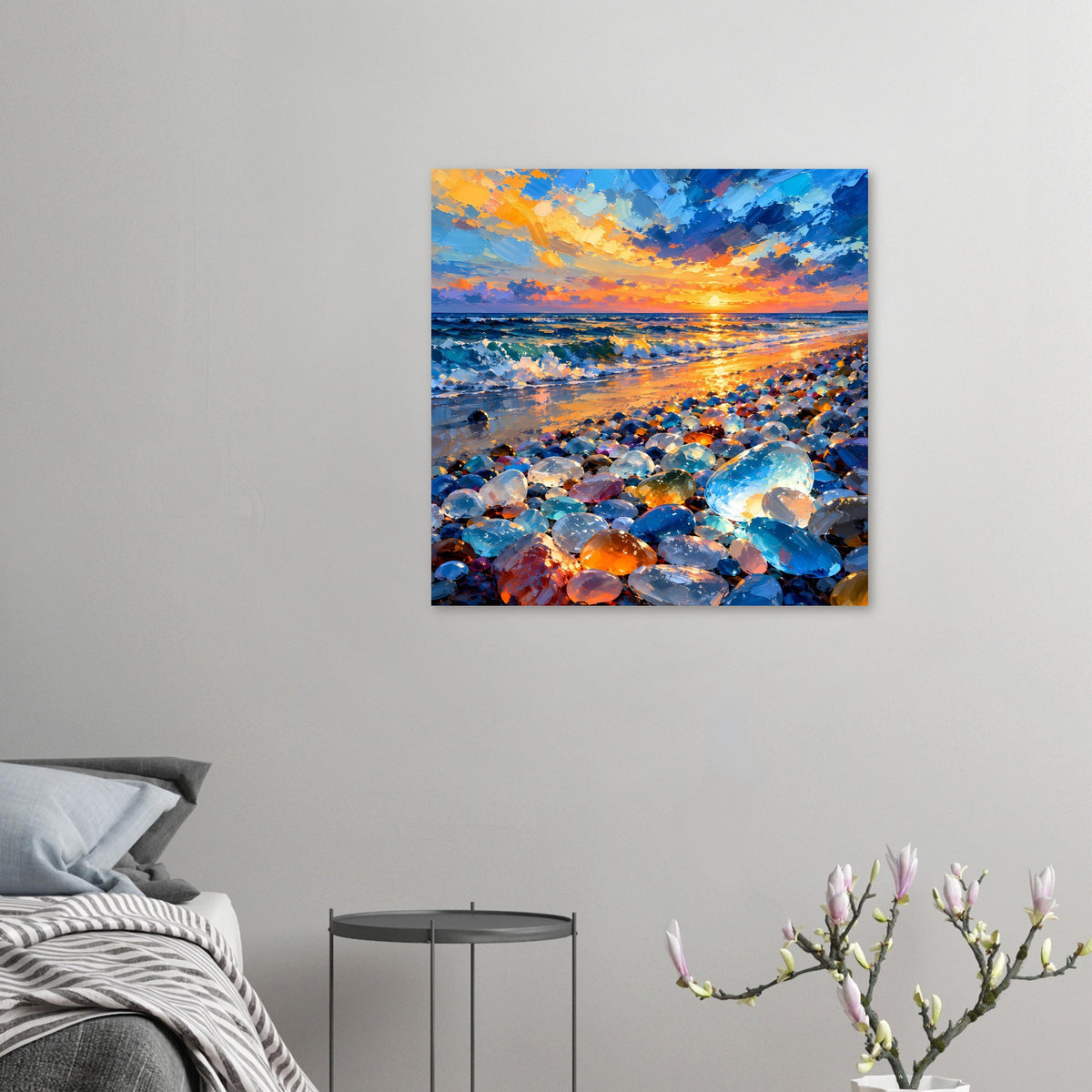 Kleines Poster-Detail: Sonnenuntergang am Meer mit bunten Steinen am Strand