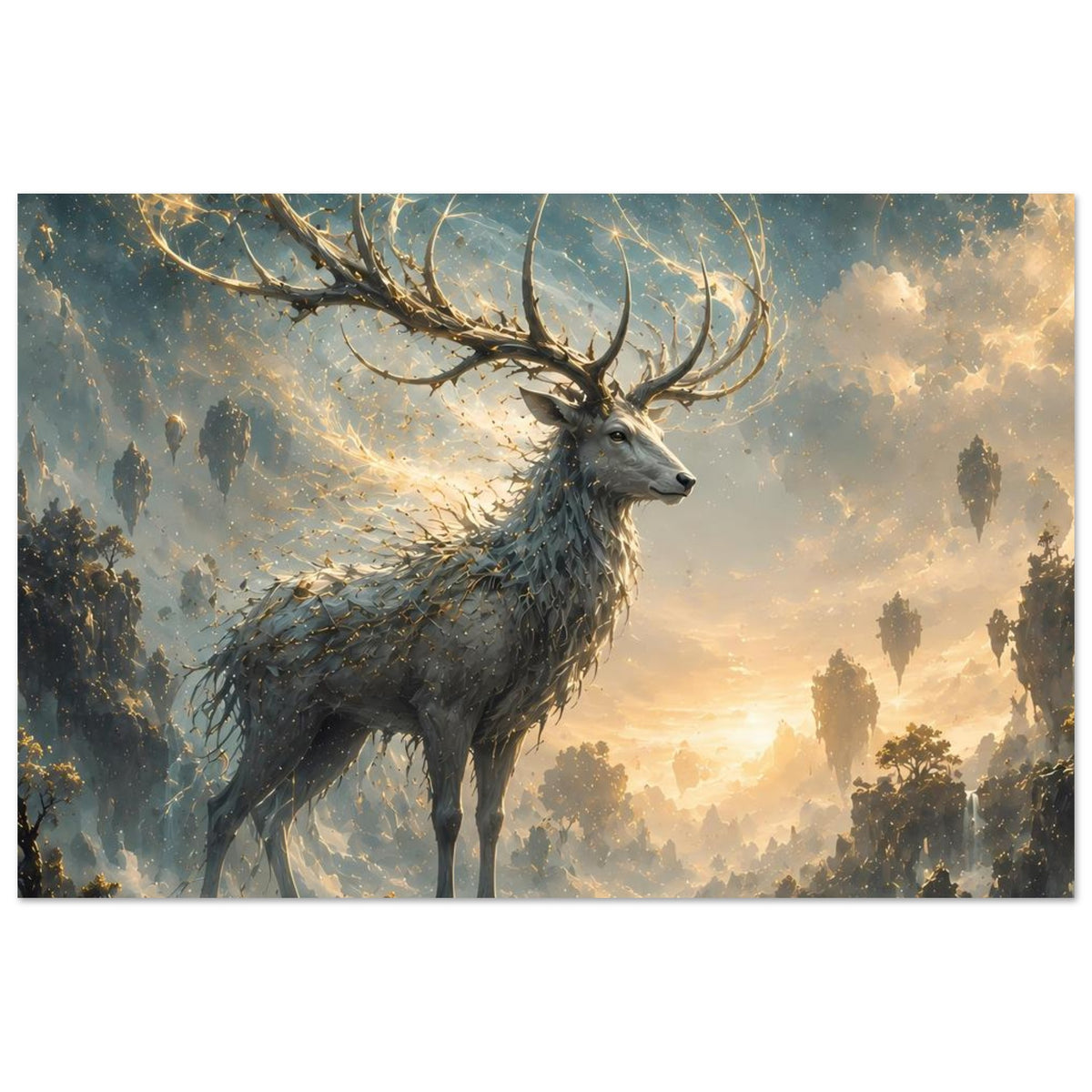 Poster mit Hirschkopf und Geweih im Fantasy-Stil, kräftiges Fell, seitliche Ansicht