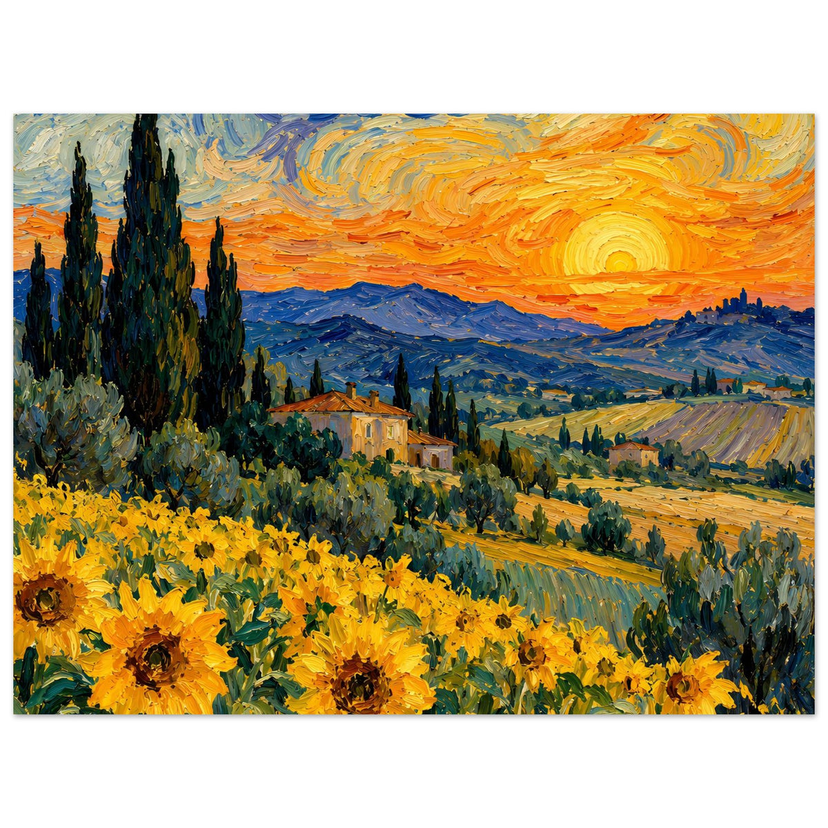 Kunstposter, Ausschnitt mit Sonnenblumen unten links, Häuser, Hügel und orangefarbener Himmel