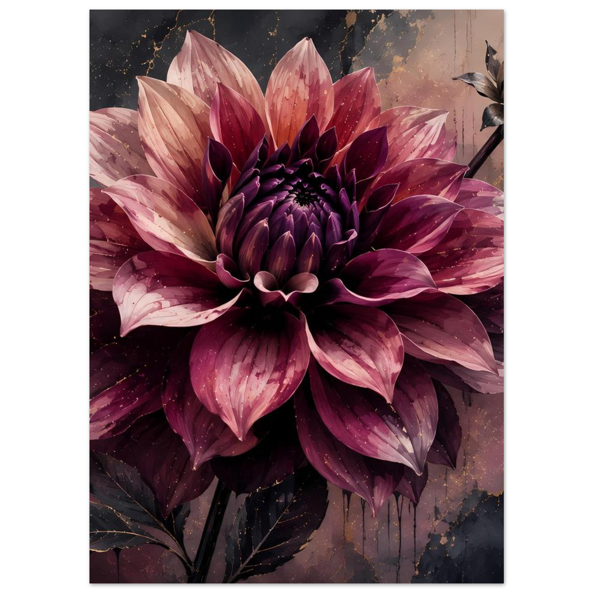 Blumenposter mit dunkelvioletter Dahlie, goldene Adern und zarten hellrosa Blütenblättern