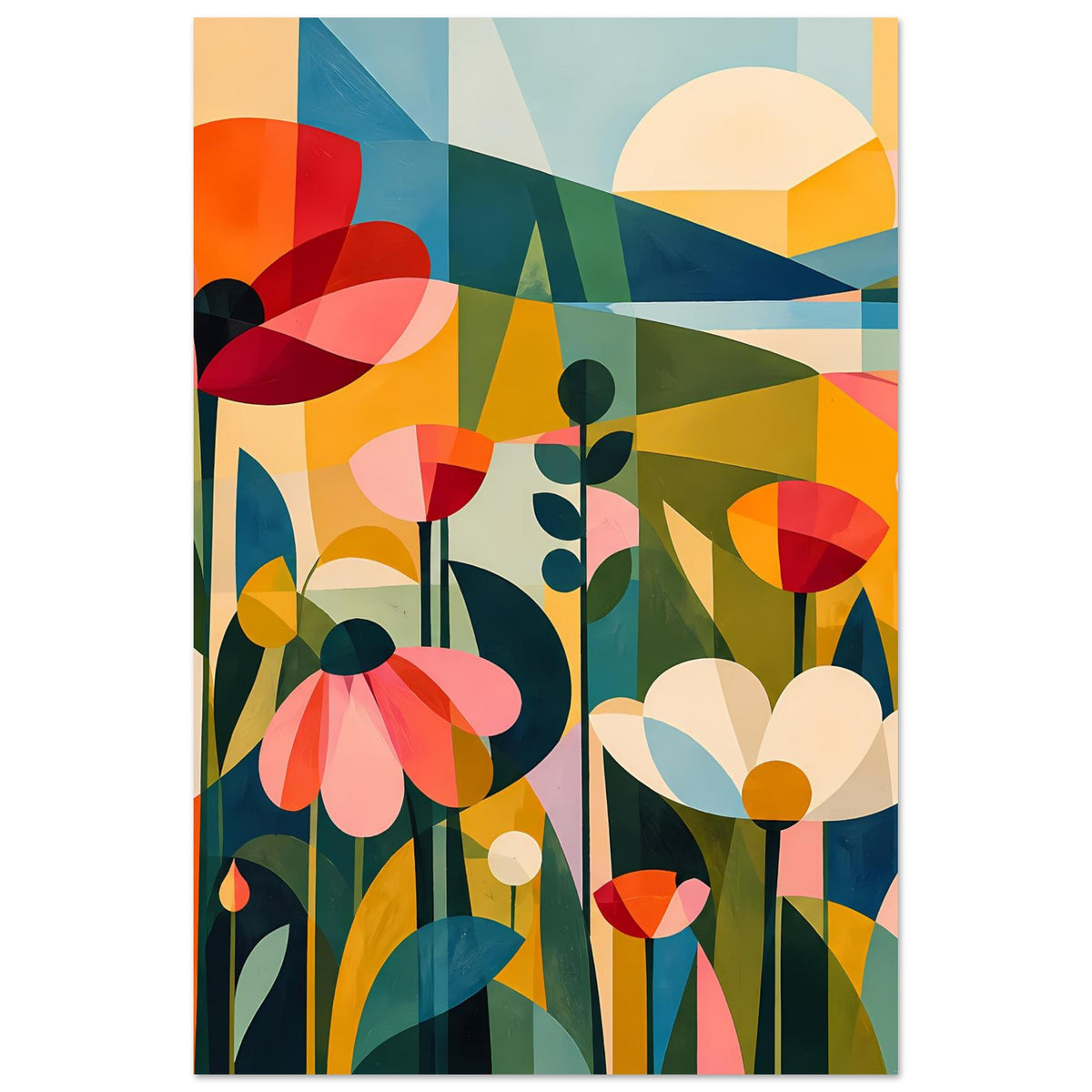 Gerahmtes Blumenposter im abstrakten Stil mit bunten Blüten und Sonnenform im Hintergrund