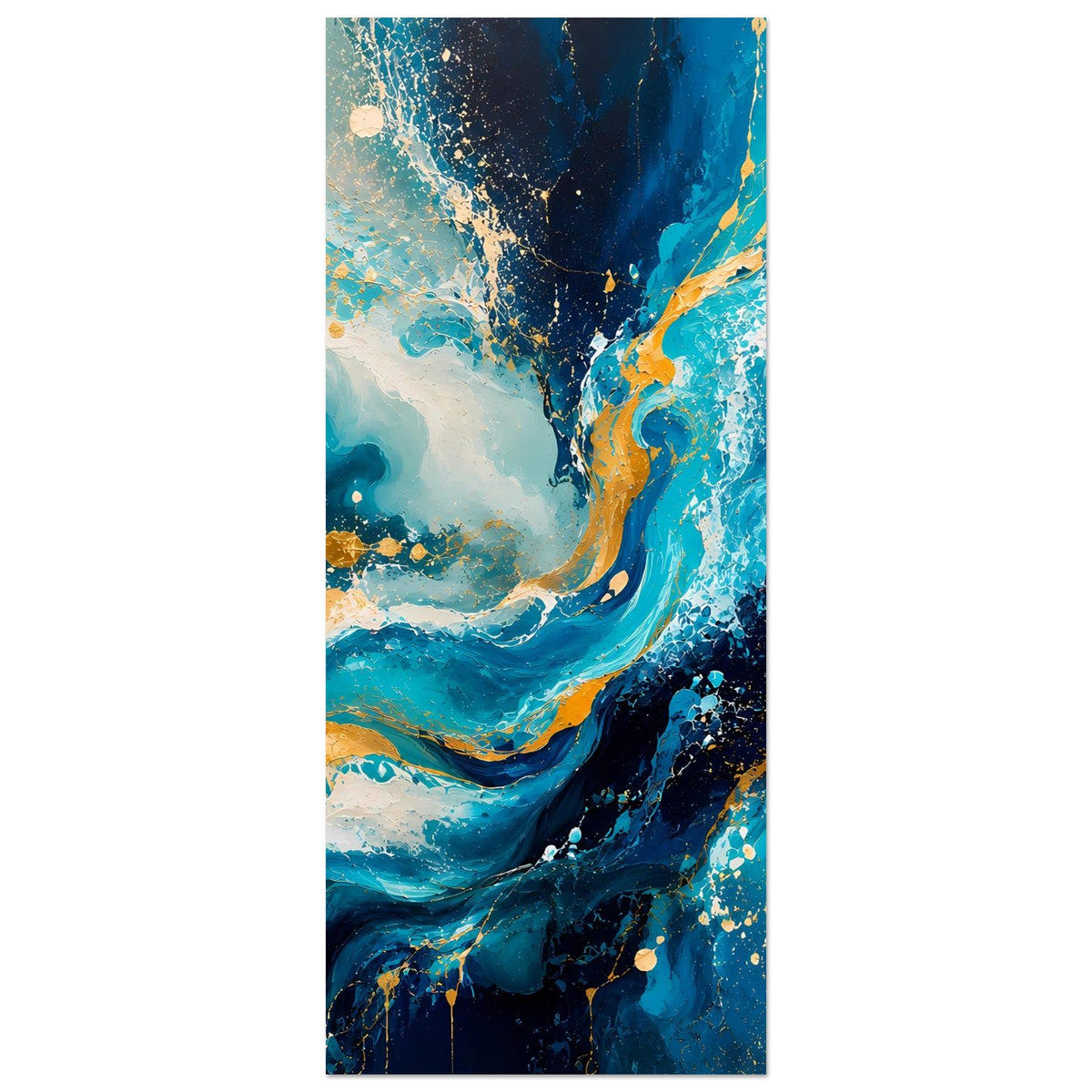 Abstraktes Kunstposter (hochkant) mit blauen Wirbeln, goldenen Akzenten und Spritzern.
