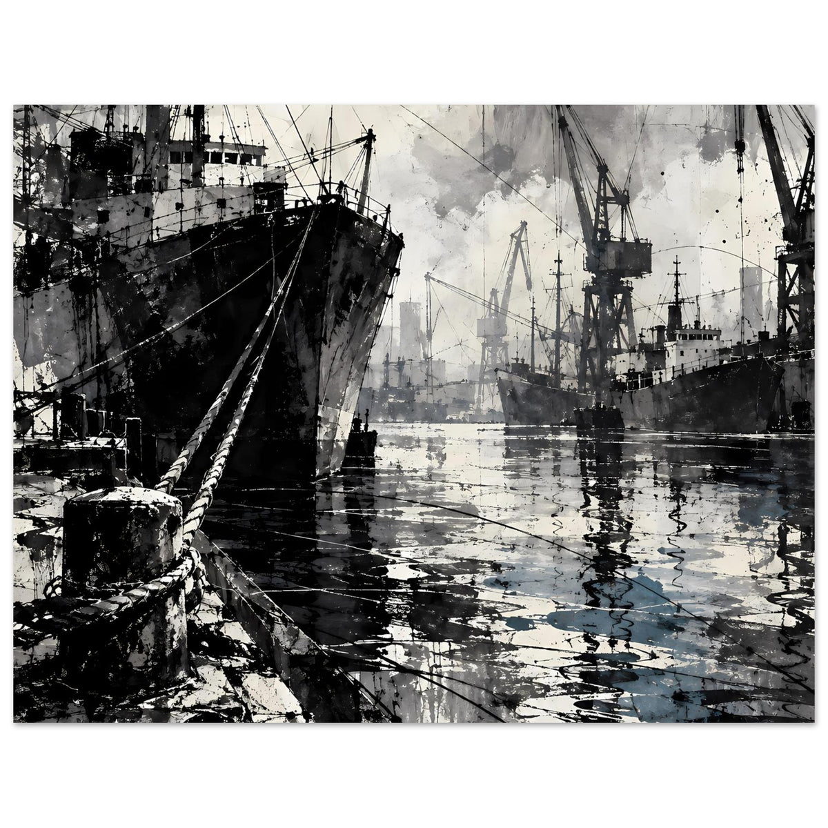 Maritimes Poster mit Schiff am Kai, Hafenkränen und Wasserreflexen, schwarzblauer Druck