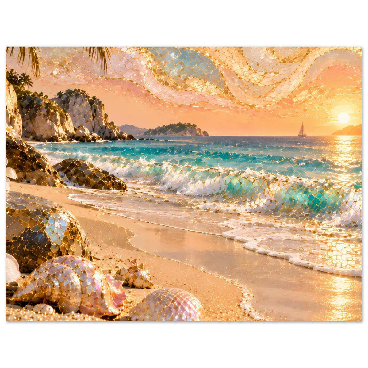Horizontales Poster mit Strandpanorama, goldenen Mosaikakzenten und Muscheln am Ufer