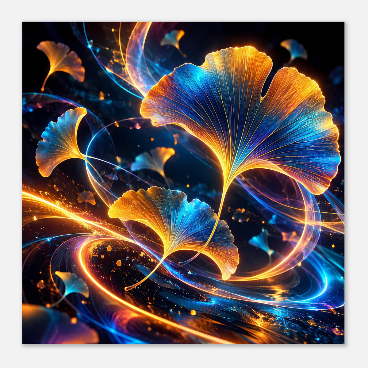 Quadratisches Poster mit leuchtenden Ginkgo-Blättern in Blau und Gold, abstrakte Lichtspuren