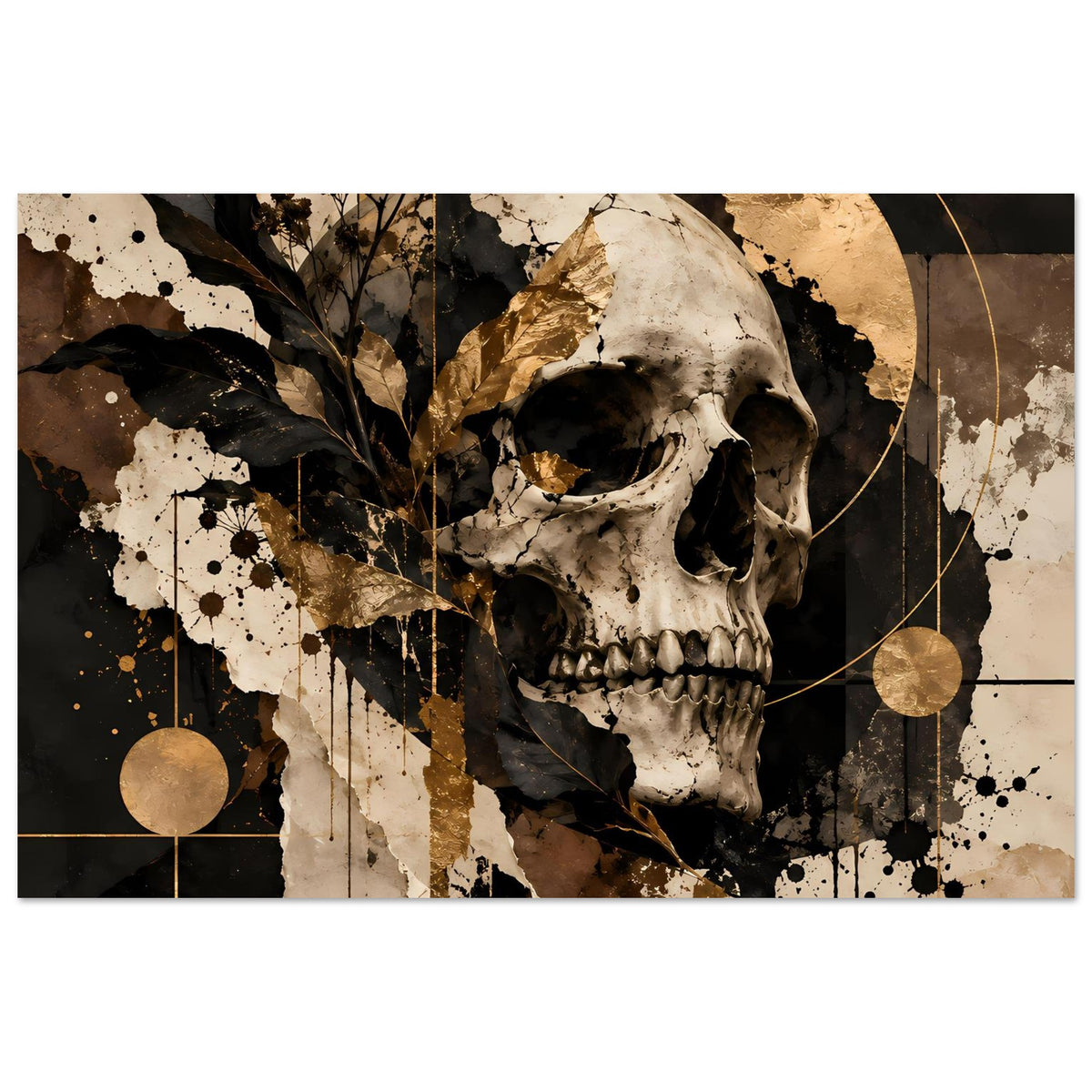 Gotisches Totenschädel-Kunstposter: Schädel in Schwarz-Gold mit Spritzdekor und Linien