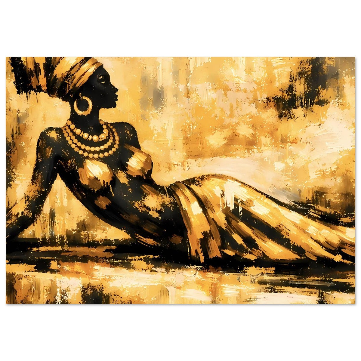 Kunst-Poster im Querformat: Profilansicht einer schwarzen Frau mit goldener Halskette, goldener Hintergrund.