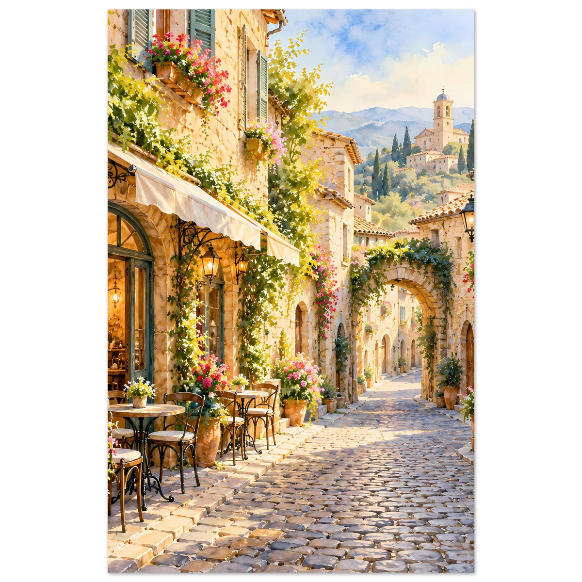 Poster mit mediterraner Gasse im Dorf, vertikal