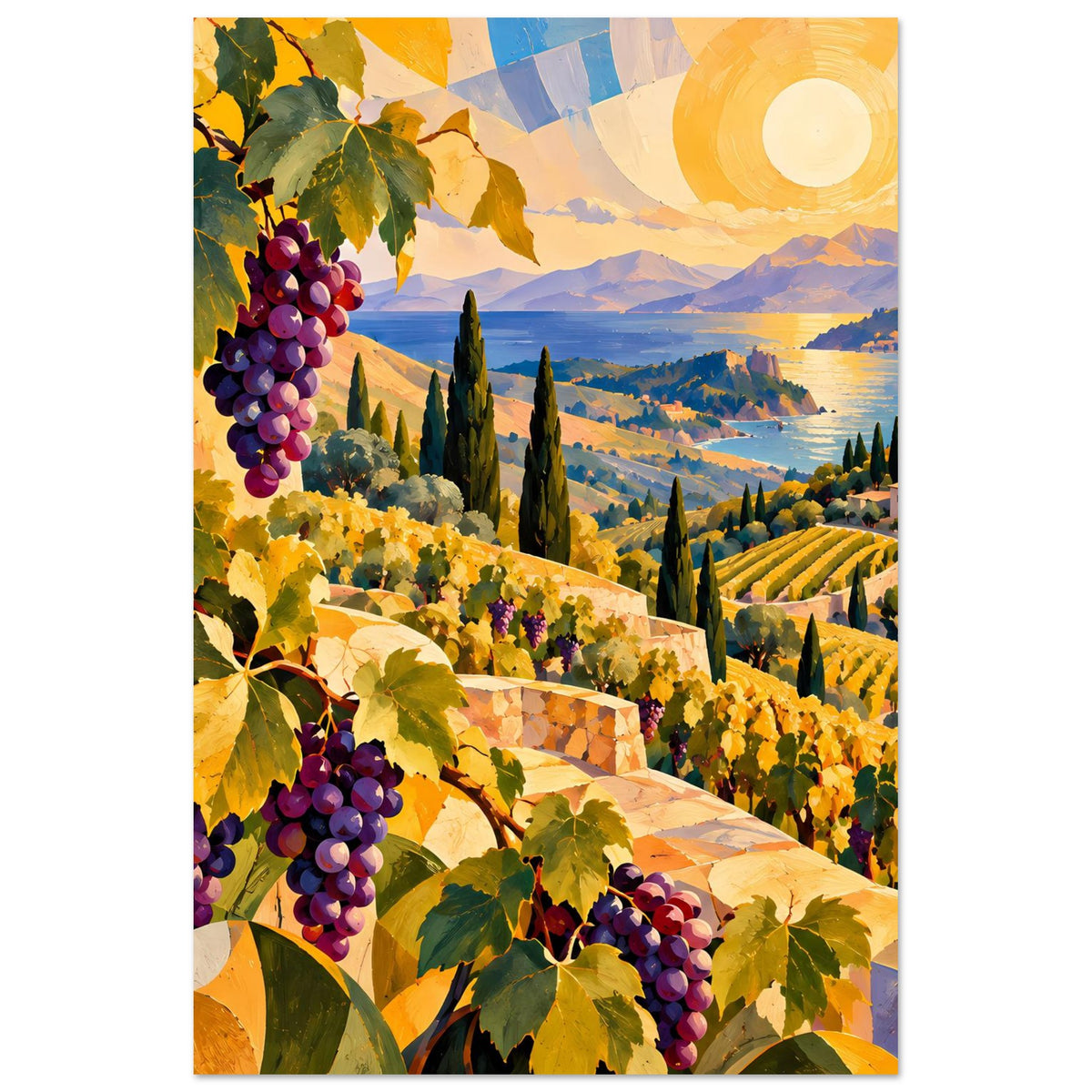 Landschaftsposter mit Weinreben, Trauben im Vordergrund und Sonnenuntergang über mediterranen Hügeln