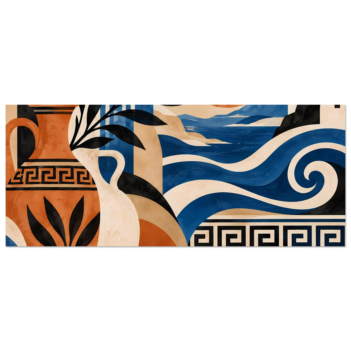 Horizontales Kunstposter, Ausschnitt mit Wellen, Sonne und griechischen Ornamenten