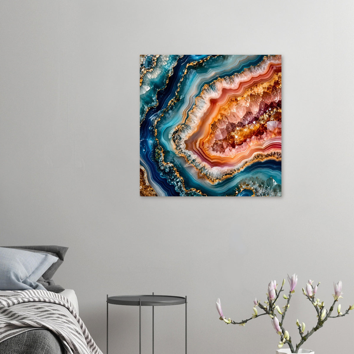 Kleines Poster mit Geoden-Optik in Blau, Orange, Rosa und goldenen Akzenten.