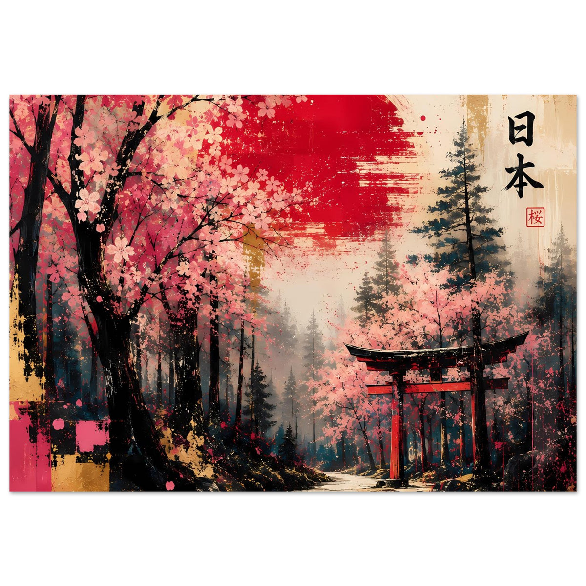 Poster mit Kirschblütenbaum und japanischem Torii, roter Farbfläche und Waldhintergrund