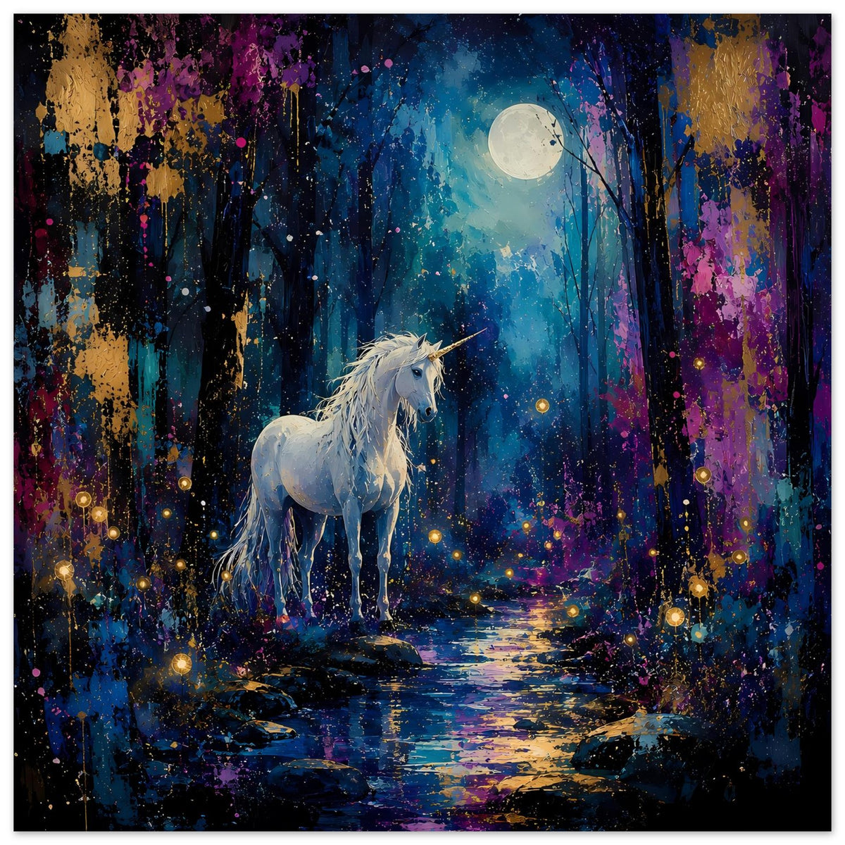 Querformatiges Poster: weißes Einhorn steht im Mondschein vor dunklem Wald, viele Glühlichter