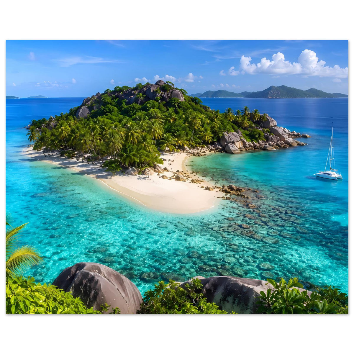 Tropeninsel-Strand Poster im Querformat mit Küste, türkisfarbenem Wasser und Segelboot